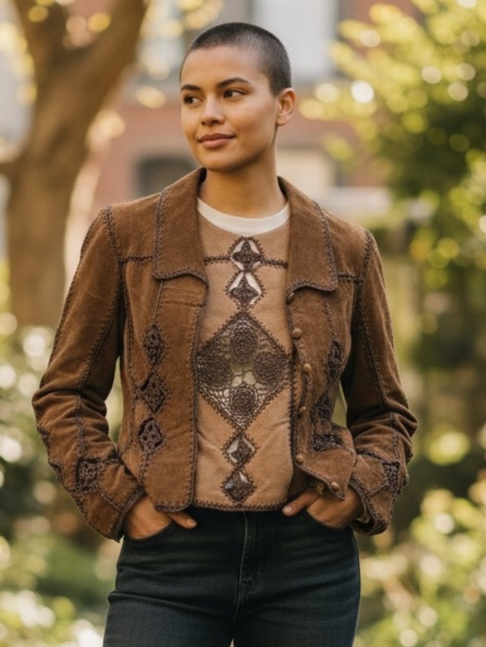 Vintage Boho Adrienne Landau Taupe Suede Crotched Jacket